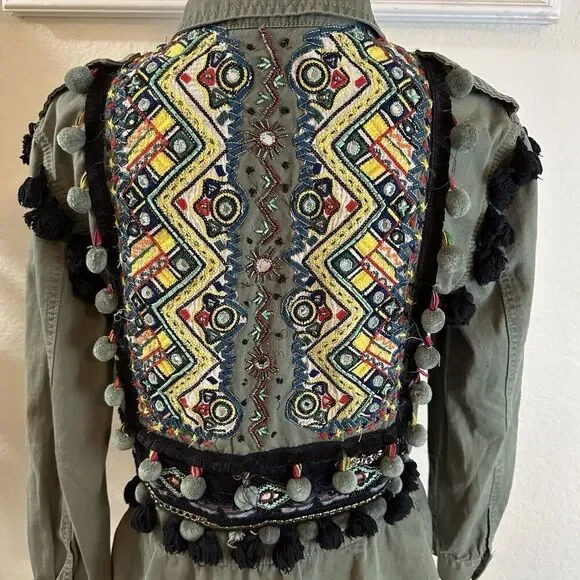 ZARA Womens Embroidered Pom Pom Jacket Size XS Military Tassel Boho Festival - Picture 5 of 8